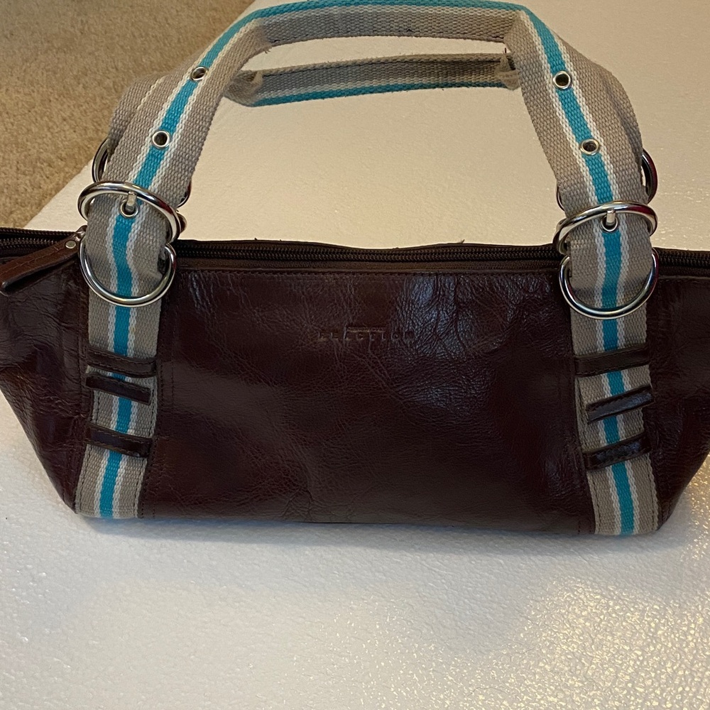 Reaction by Kennenth Cole Brown Leather Handbag with Striped Handles
